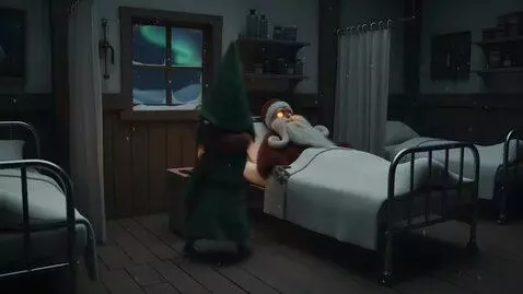 AI Video from prompt: A dimly lit, somber bedroom in Santa's cabin at 