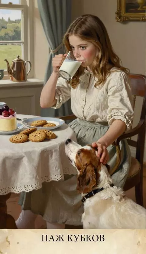 AI Video from prompt: A girl drinks milk from a mug and strokes a dog