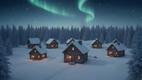 AI Video from prompt: Snow falls heavily on this quaint snowcapped vil