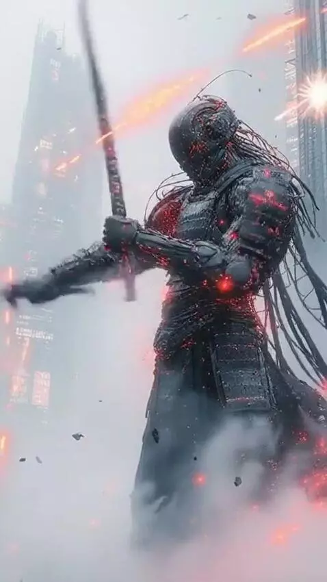 AI Video from prompt: The samurai takes a fighting stance with his kat