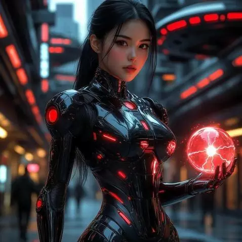 AI Video from prompt: «In a dark cosmic hangar, a cyber‑girl stands in