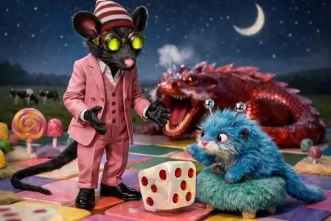 AI Video from prompt: otter stands on sttol and watches rat. Rat rolls