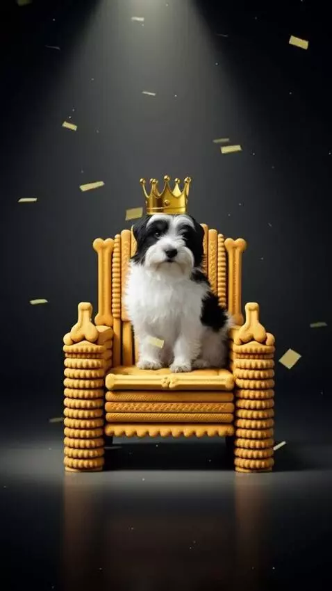 AI Video from prompt: a small dog from the input photo sits on a golde