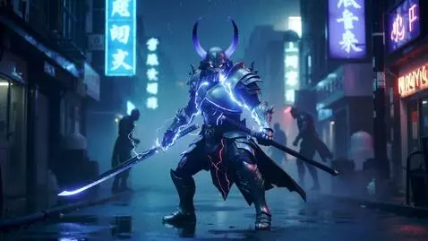 AI Video from prompt: Cyberpunk demon samurai in full body view in a r