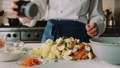AI Video from prompt: step-by-step preparation of Olivier salad instea
