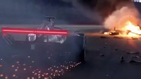 AI Video from prompt: A futuristic F1 car crosses a cloud of smoke and