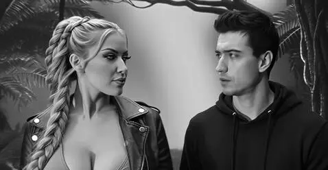 AI Video from prompt: walking through the jungle, approaching the face