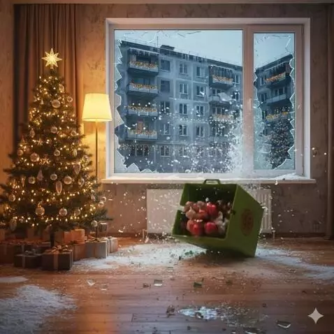 AI Video from prompt: A New Year's humorous scene. A green box flies t