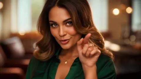 AI Video from prompt: A beautiful woman looks straight at me, playfull