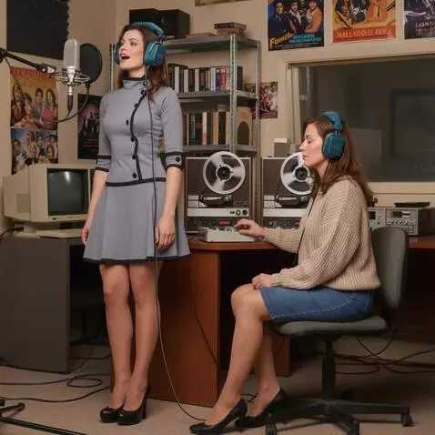 AI Video from prompt: A woman with headphones is singing.  The camera 