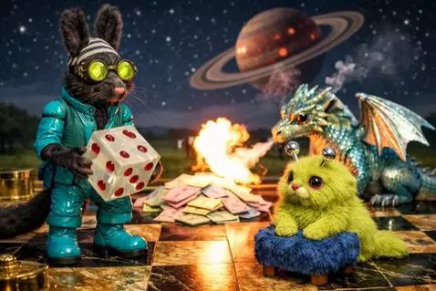 AI Video from prompt: The green animal stands on the cushion and watch