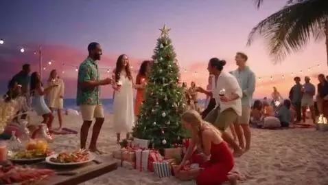AI Video from prompt: Christmas party on the beach with pleanty of gif