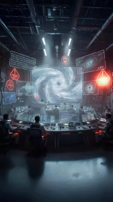 AI Video from prompt: Holographic screens flickering, warning lights f