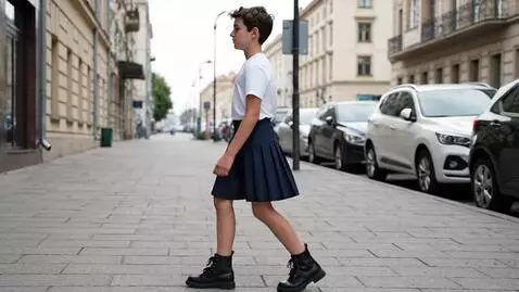 AI Video from prompt: a 12 yo boy in skirt and boots walking