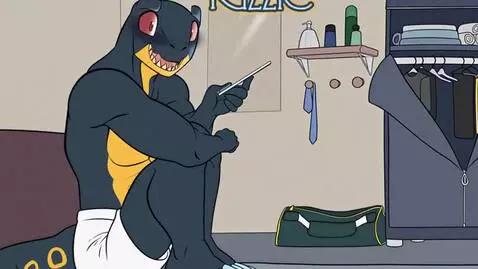 AI Video from prompt: Lizard dude missing around on has tablet then he