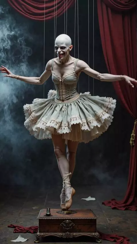 AI Video from prompt: A sinister puppet rotates around its axis, danci