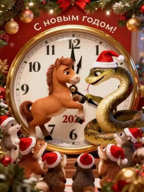 AI Video from prompt: A Horse and a Snake move the hands of a clock