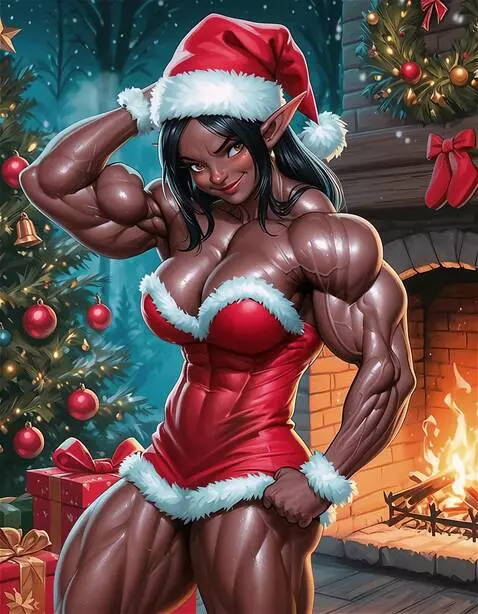 AI Video from prompt: Christmas elf bodybuilder, muscle bounce, massiv