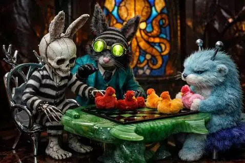 AI Video from prompt: The skeleton moves a red chicken to a square on 