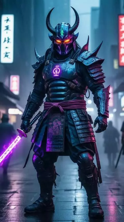 AI Video from prompt: Animate this cyberpunk samurai image: dynamic sl