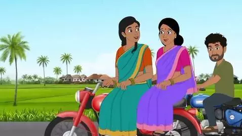 AI Video from prompt: Two cartoon Indian women are riding bikes on pil