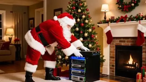 AI Video from prompt: Santa Claus comes to the house and puts a server
