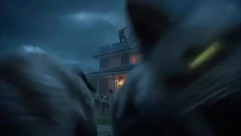 AI Video from prompt: Zombie cats are running towards a red huge house