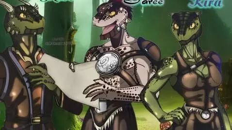 AI Video from prompt: Three Argonian lizard talking to each other watc