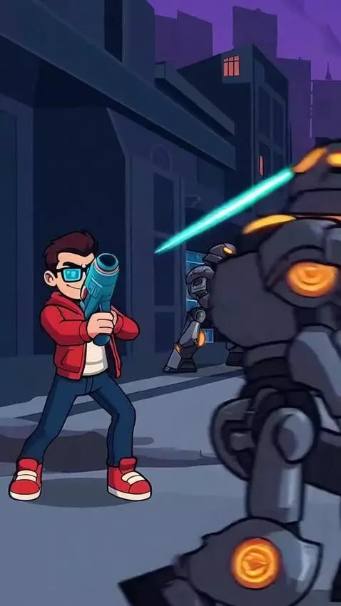 AI Video from prompt: Character fights with robots, showing off his st