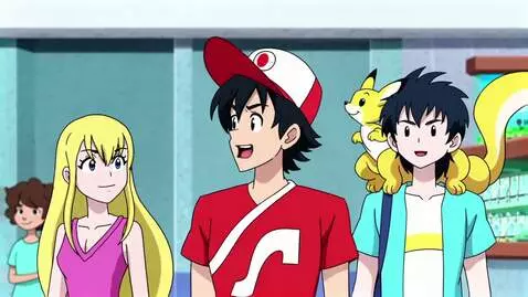 AI Video from prompt: Ash Ketchum with Pikachu and Serena walks in the