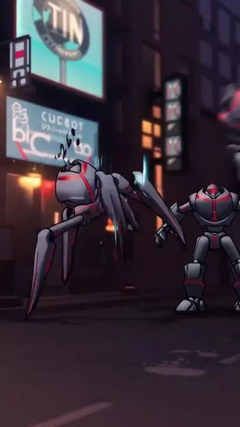AI Video from prompt: Character fights with robots, showing off his st