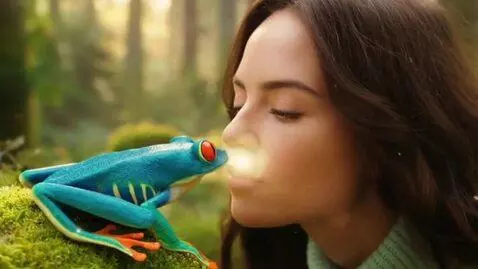 AI Video from prompt: A vivid-coloured frog kisses a beautiful British