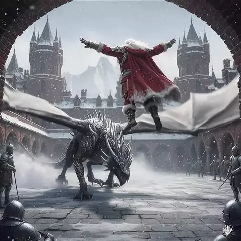 AI Video from prompt: A legendary, robust figure in a crimson winter s