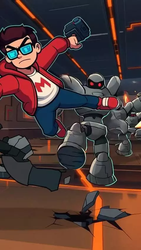 AI Video from prompt: Character fights with robots, showing off his st