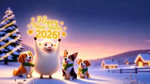 AI Video from prompt: A heartwarming animated New Year's scene in a sn