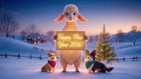 AI Video from prompt: A heartwarming animated New Year's scene in a sn