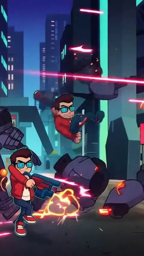 AI Video from prompt: Character fights with robots, showing off his st