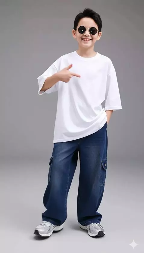 AI Video from prompt: “The boy smiles while promoting the pants he is 