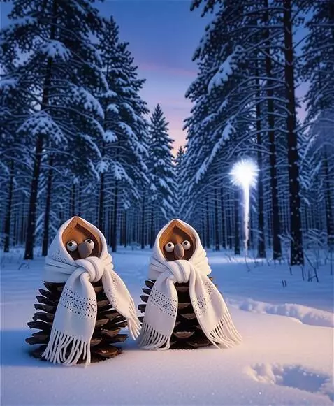 AI Video from prompt: The wind gently blows the scarves on the pine co