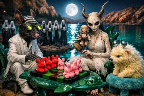 AI Video from prompt: The devil slowly brushes the dolls hair. The gol