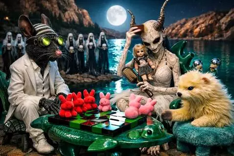 AI Video from prompt: The devil slowly brushes the dolls hair. The gol