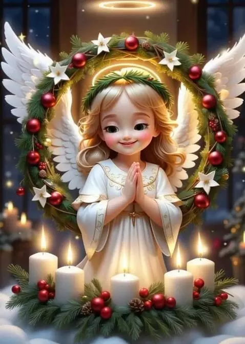 AI Video from prompt: The Angel smiles, lowers his eyes and prays