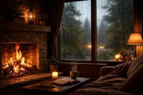 AI Video from prompt: Cozy cabin interior on a rainy evening.  Static 