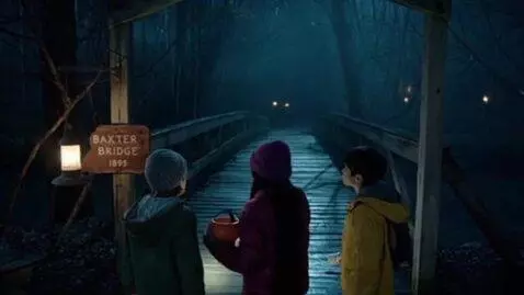 AI Video from prompt: Three children came to the scary bridge on Hallo