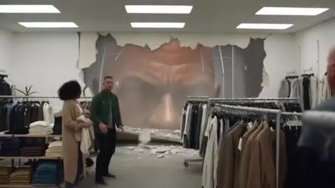 AI Video from prompt: A big forehead crashes through a clothing store 