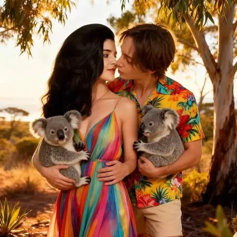 AI Video from prompt: A koala in a woman's arms hugs her neck, while a