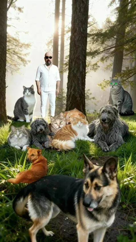 AI Video from prompt: The man and all the animals in the photograph di