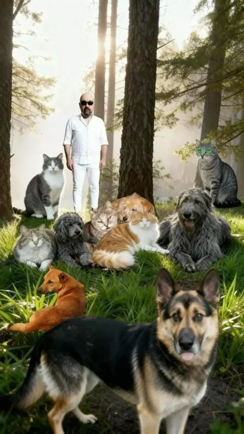 AI Video from prompt: The man and all the animals in the photograph si