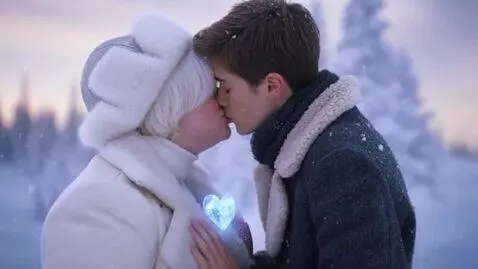 AI Video from prompt: A plump fifty-year-old snow queen with a short h