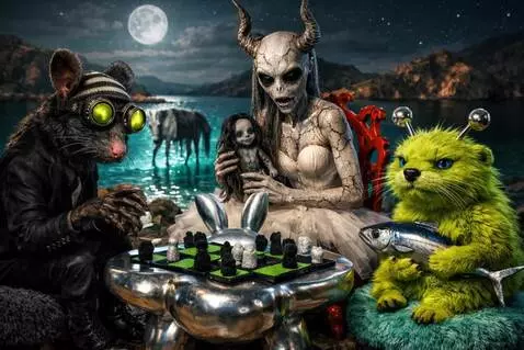 AI Video from prompt: The woman yawns and moves a game piece. The rat 